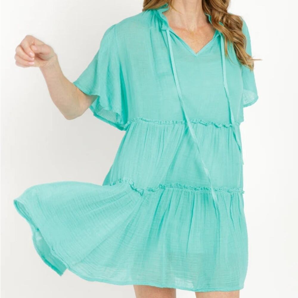 Sofia Ingrid Tiffany Teal Blue Satin Tiered Mini Dress O/S